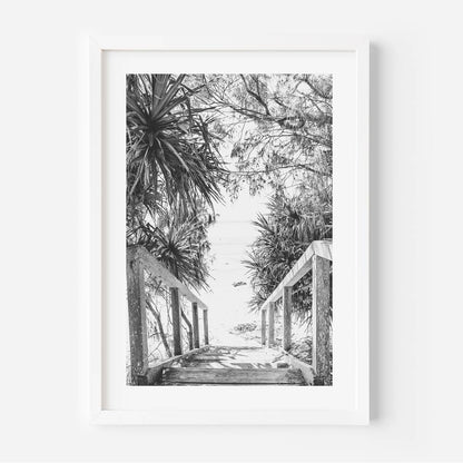 Scenic Black and White Beach Stairs Art - Coastal Pathway Oil Painting