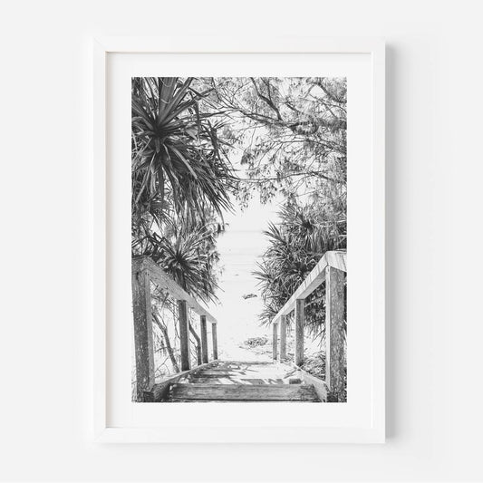 Scenic Black and White Beach Stairs Art - Coastal Pathway Oil Painting