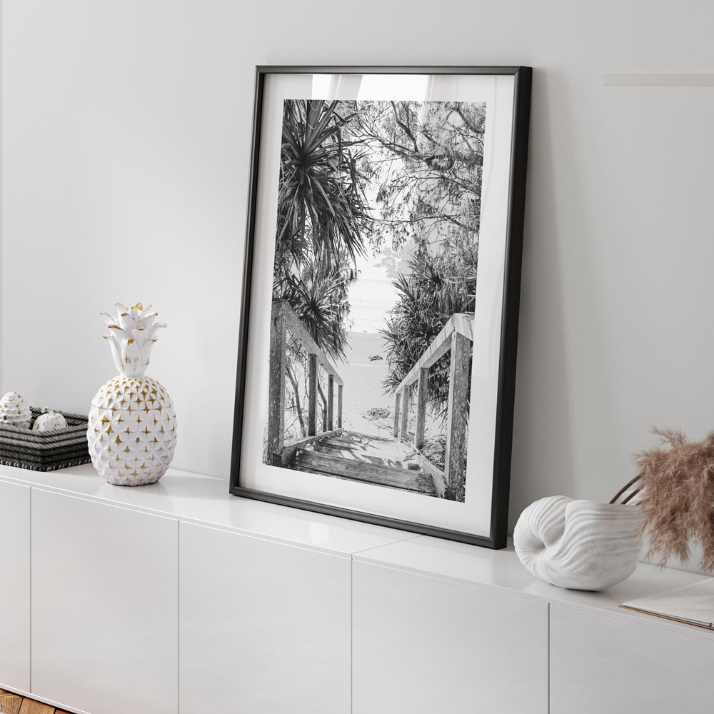 Scenic Black and White Beach Stairs Art - Coastal Pathway Oil Painting