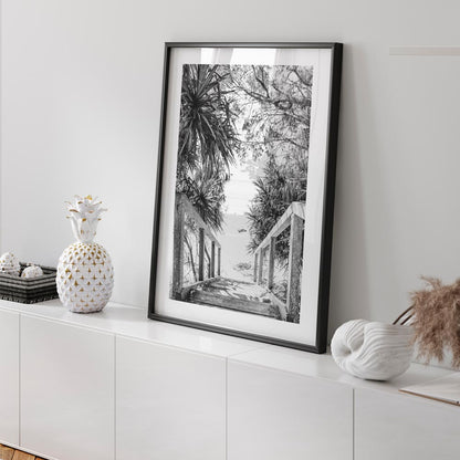 Scenic Black and White Beach Stairs Art - Coastal Pathway Oil Painting