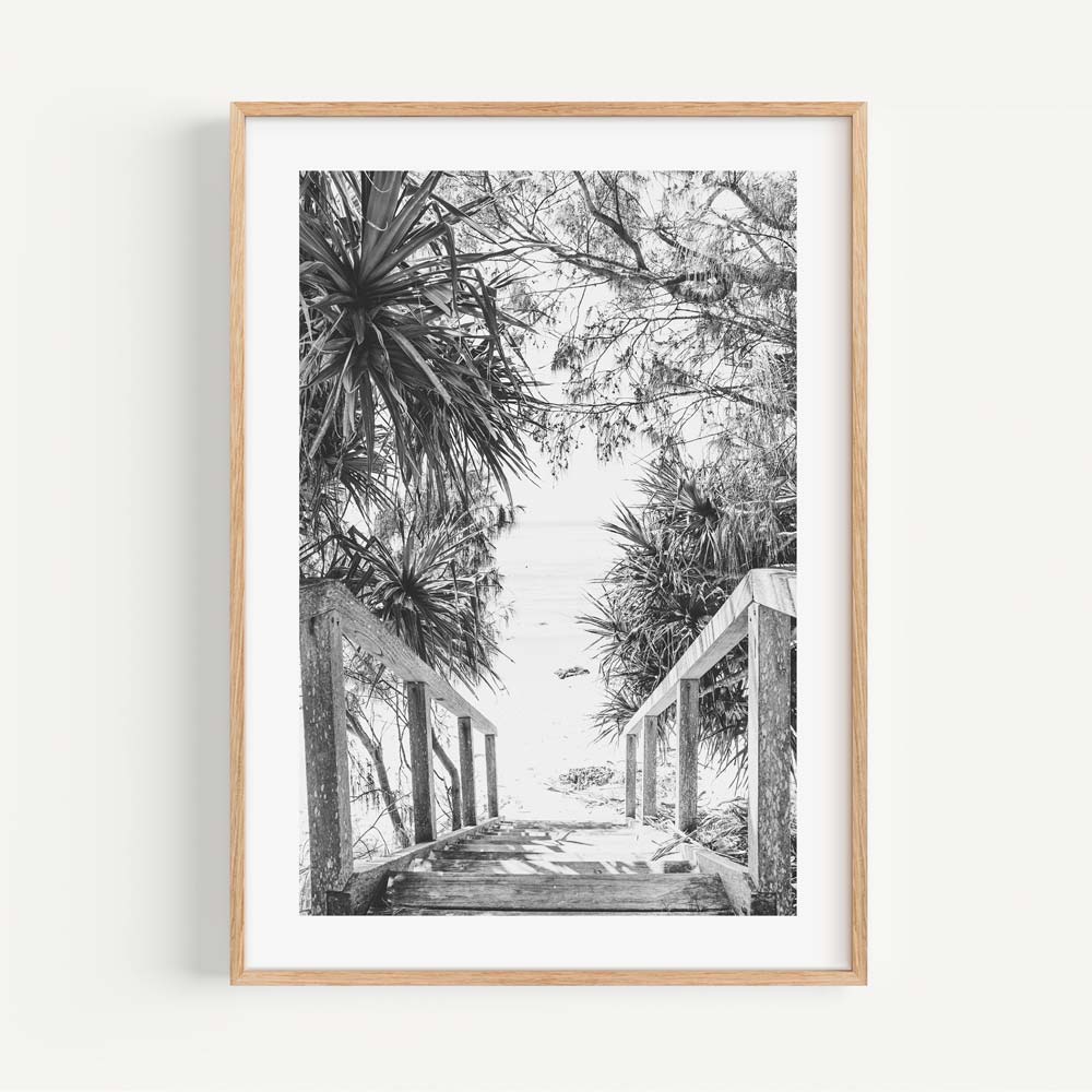 Scenic Black and White Beach Stairs Art - Coastal Pathway Oil Painting