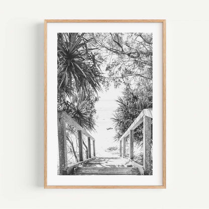 Scenic Black and White Beach Stairs Art - Coastal Pathway Oil Painting