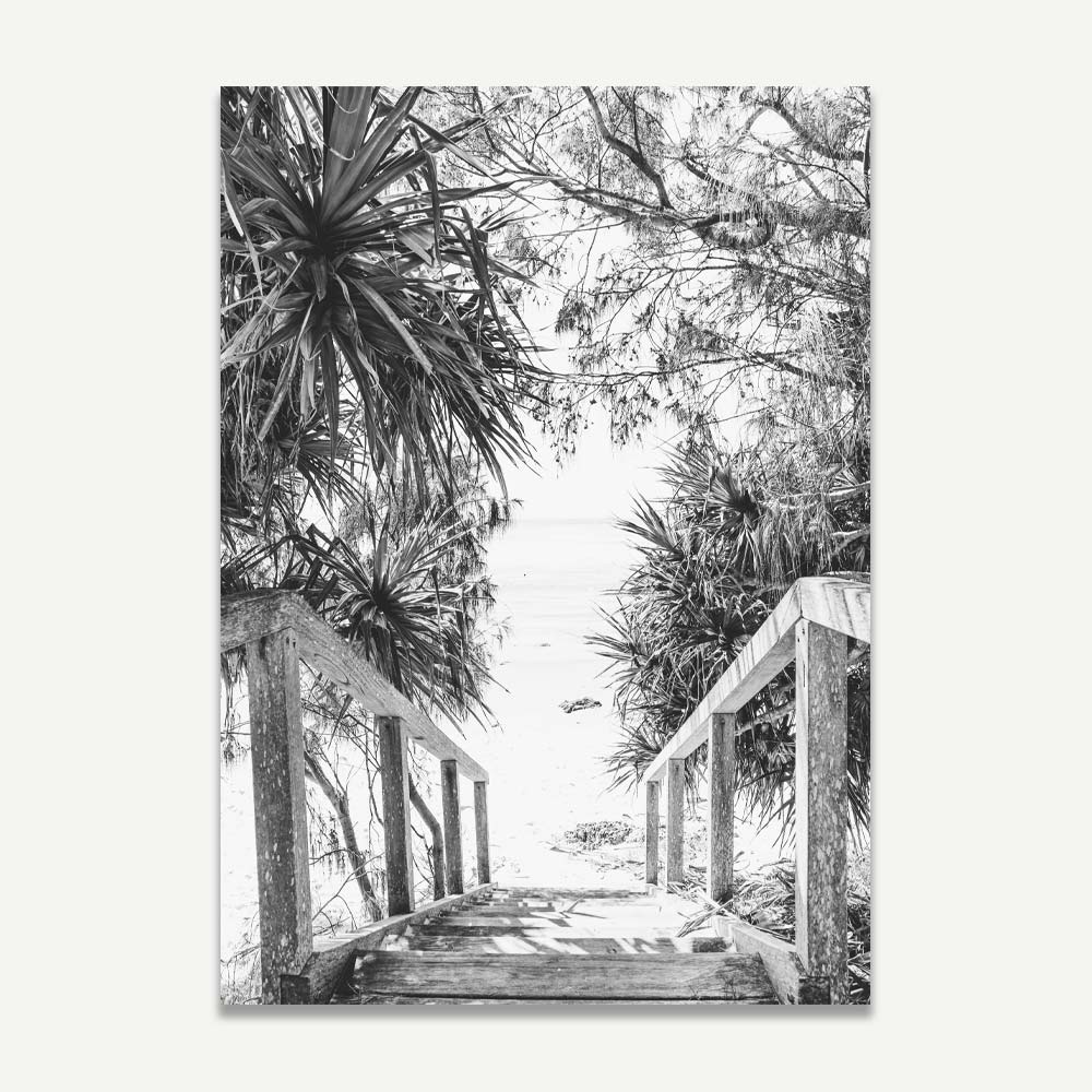 Scenic Black and White Beach Stairs Art - Coastal Pathway Oil Painting