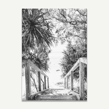 Scenic Black and White Beach Stairs Art - Coastal Pathway Oil Painting