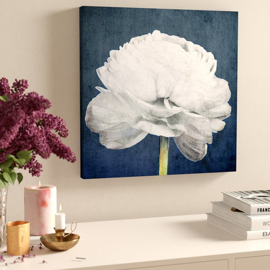 Elegant White Floral Oil Painting on Blue Background - Modern Botanical Art Print