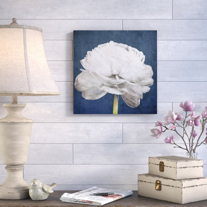 Elegant White Floral Oil Painting on Blue Background - Modern Botanical Art Print