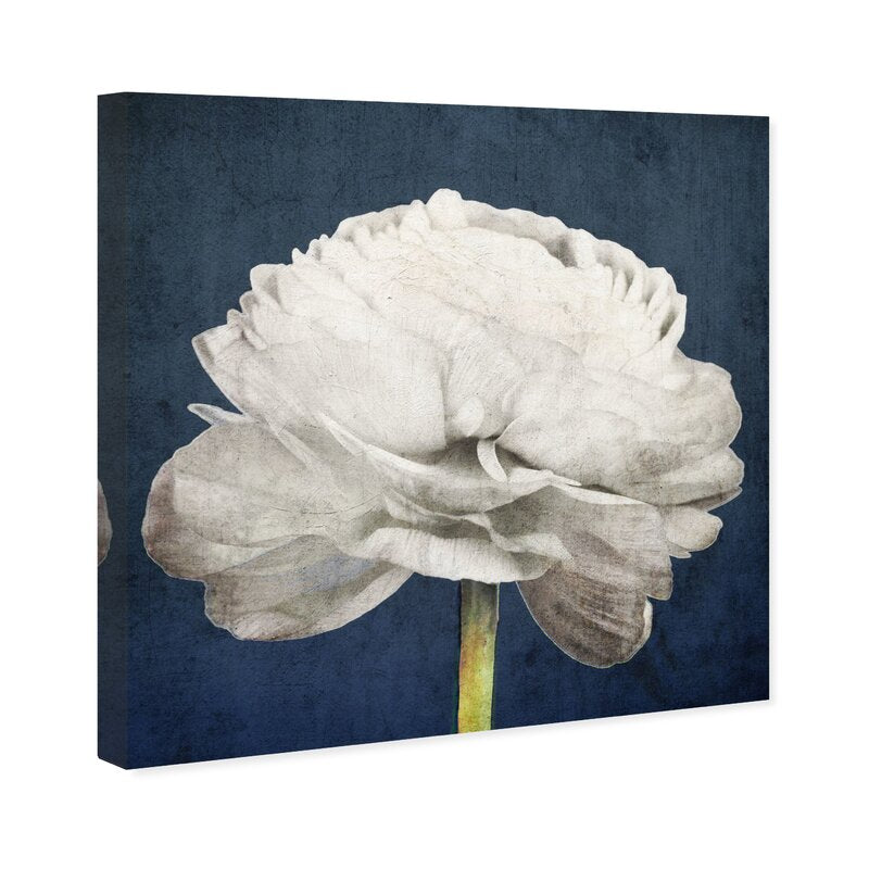 Elegant White Floral Oil Painting on Blue Background - Modern Botanical Art Print