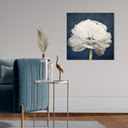 Elegant White Floral Oil Painting on Blue Background - Modern Botanical Art Print