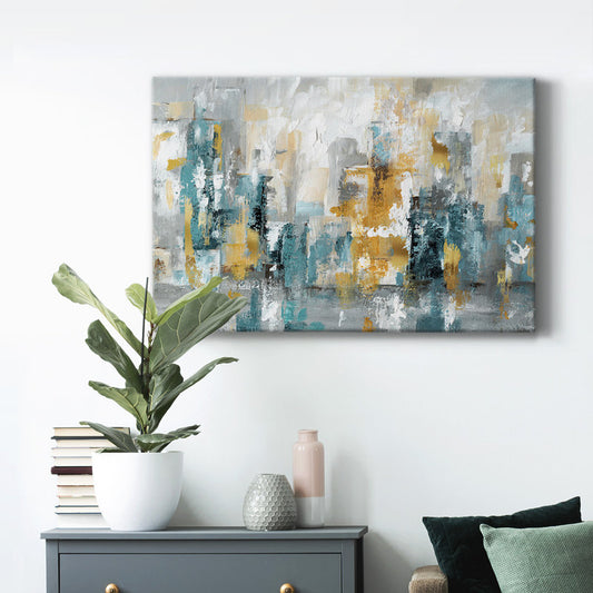 Abstract Cityscape Oil Painting with Teal and Gold Tones for Modern Art Lovers