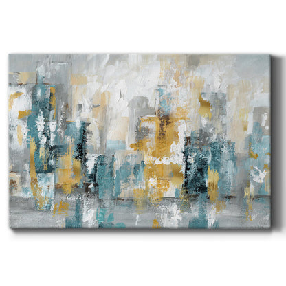 Abstract Cityscape Oil Painting with Teal and Gold Tones for Modern Art Lovers