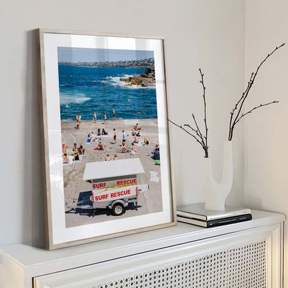 Vibrant Beach Scene with Surf Rescue at Sunny Shoreline
