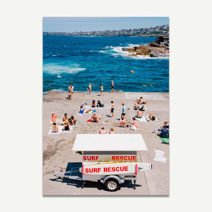 Vibrant Beach Scene with Surf Rescue at Sunny Shoreline