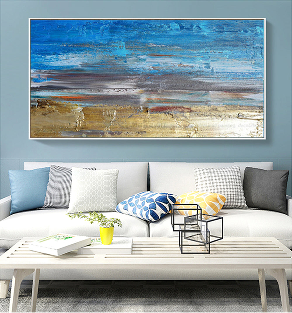 Tranquil Coastal Escape - Vibrant Blue and Golden Beach Oil Painting for Your Home