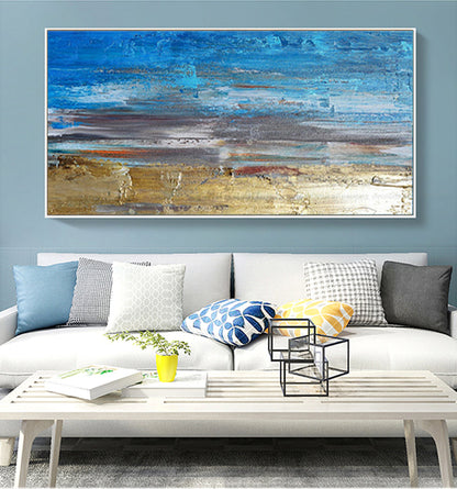 Tranquil Coastal Escape - Vibrant Blue and Golden Beach Oil Painting for Your Home
