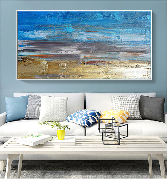 Tranquil Coastal Escape - Vibrant Blue and Golden Beach Oil Painting for Your Home