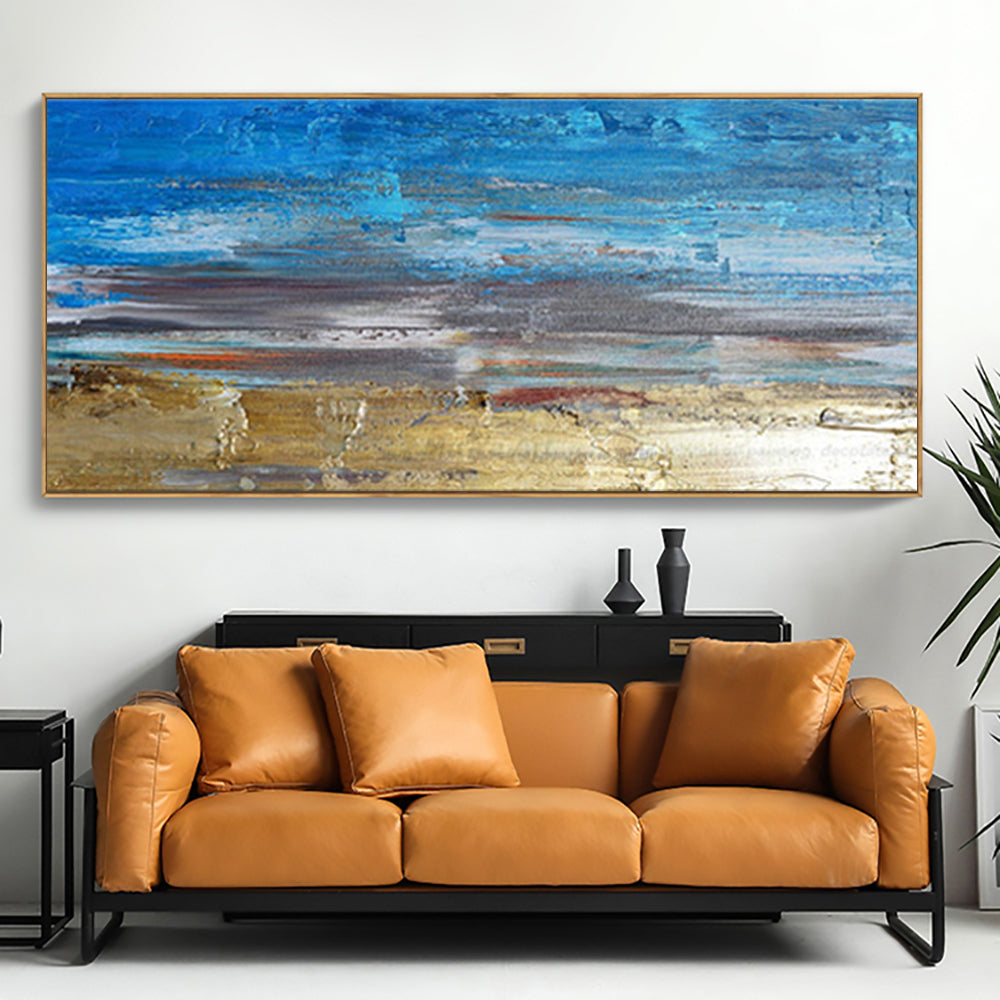 Tranquil Coastal Escape - Vibrant Blue and Golden Beach Oil Painting for Your Home
