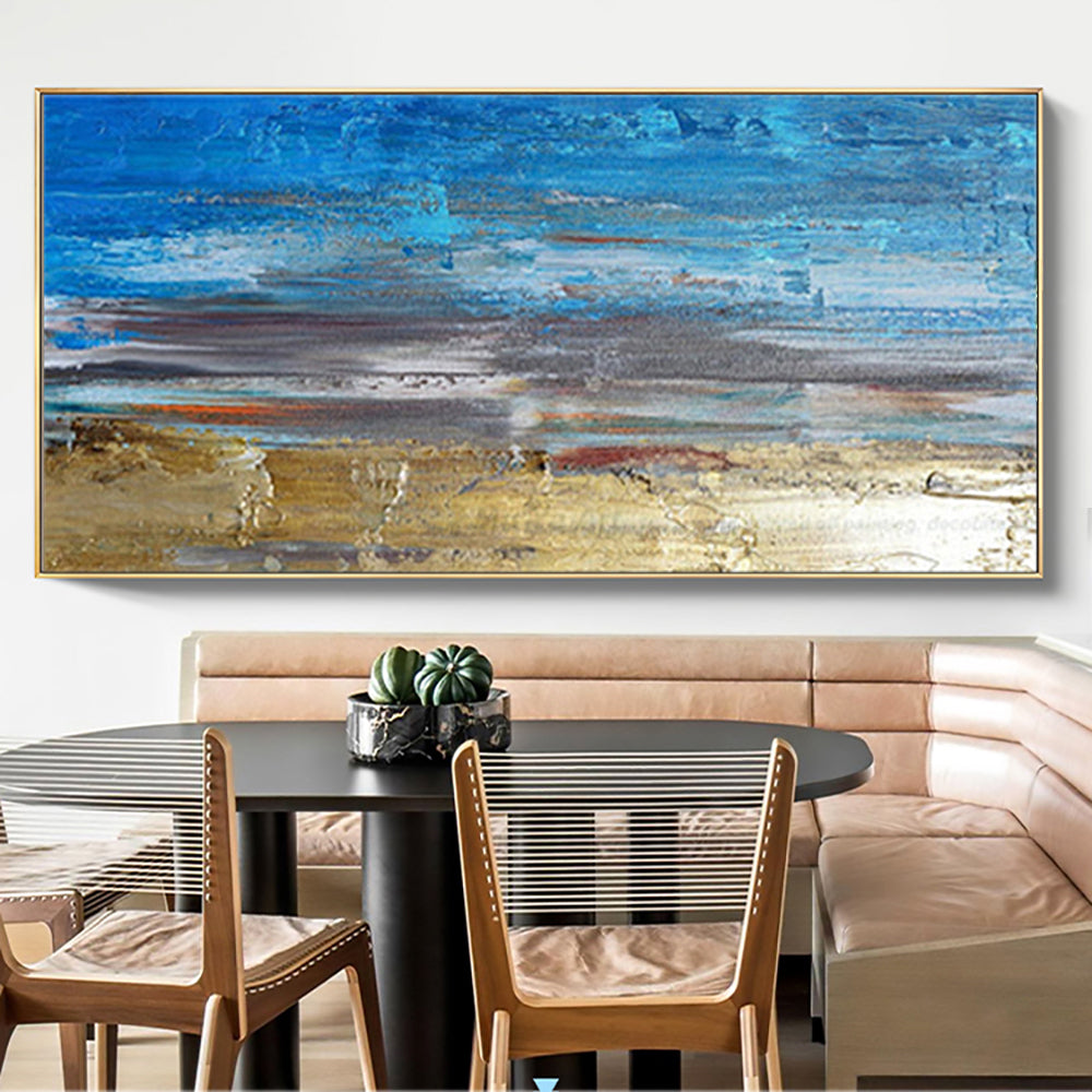 Tranquil Coastal Escape - Vibrant Blue and Golden Beach Oil Painting for Your Home
