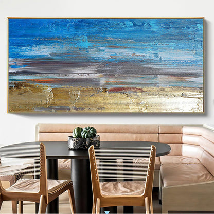 Tranquil Coastal Escape - Vibrant Blue and Golden Beach Oil Painting for Your Home