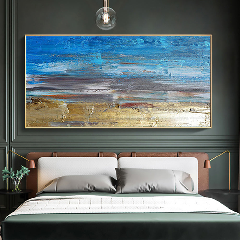 Tranquil Coastal Escape - Vibrant Blue and Golden Beach Oil Painting for Your Home