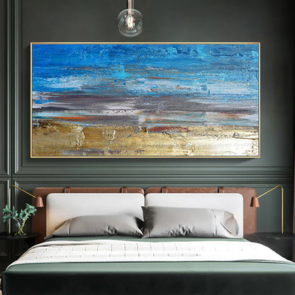 Tranquil Coastal Escape - Vibrant Blue and Golden Beach Oil Painting for Your Home