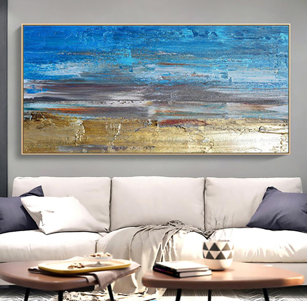 Tranquil Coastal Escape - Vibrant Blue and Golden Beach Oil Painting for Your Home