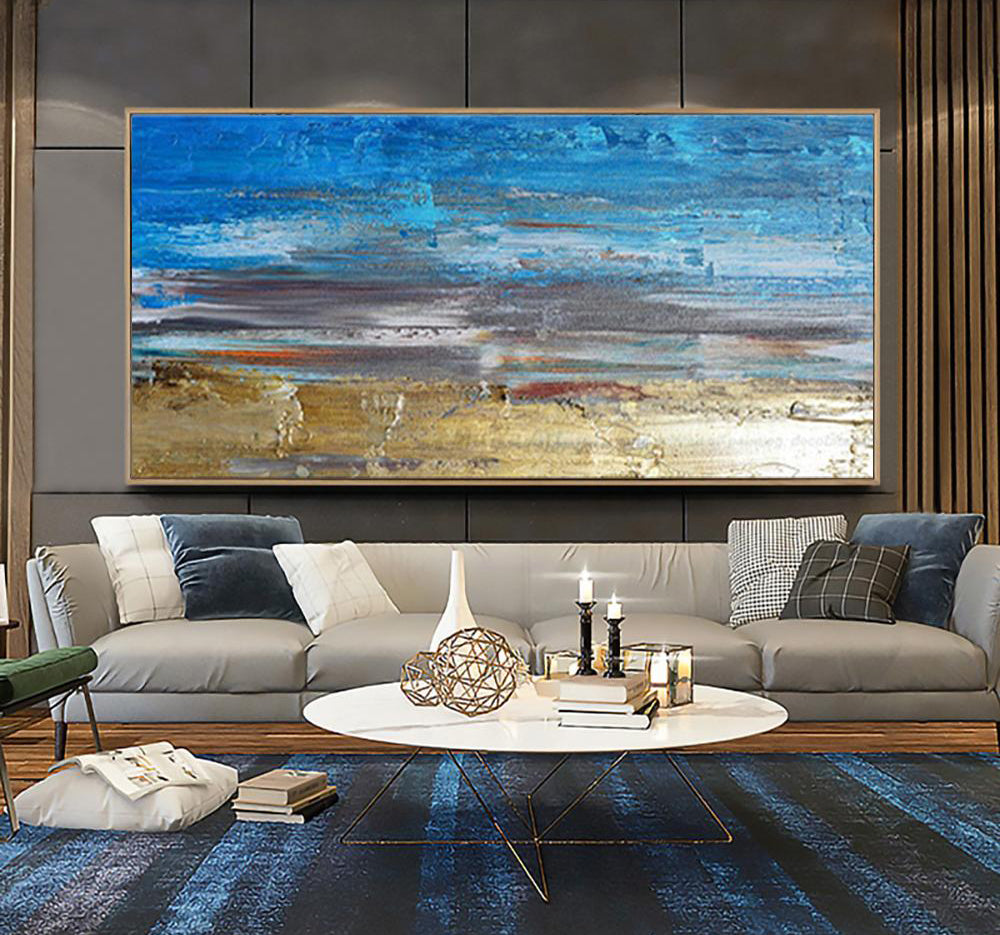 Tranquil Coastal Escape - Vibrant Blue and Golden Beach Oil Painting for Your Home