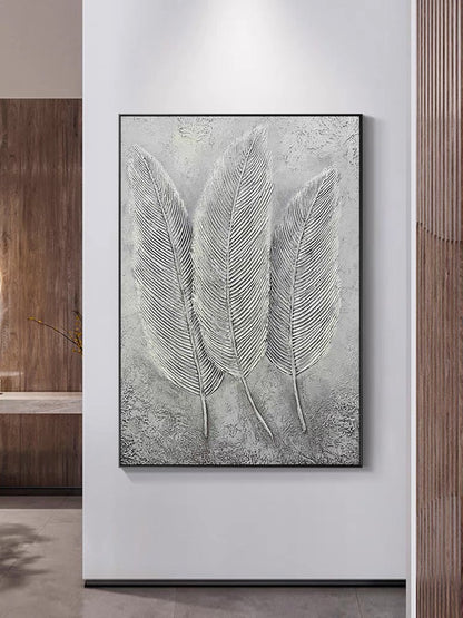 Elegant Gray Leaf Trio - Modern Oil Painting for Minimalist Home Decor