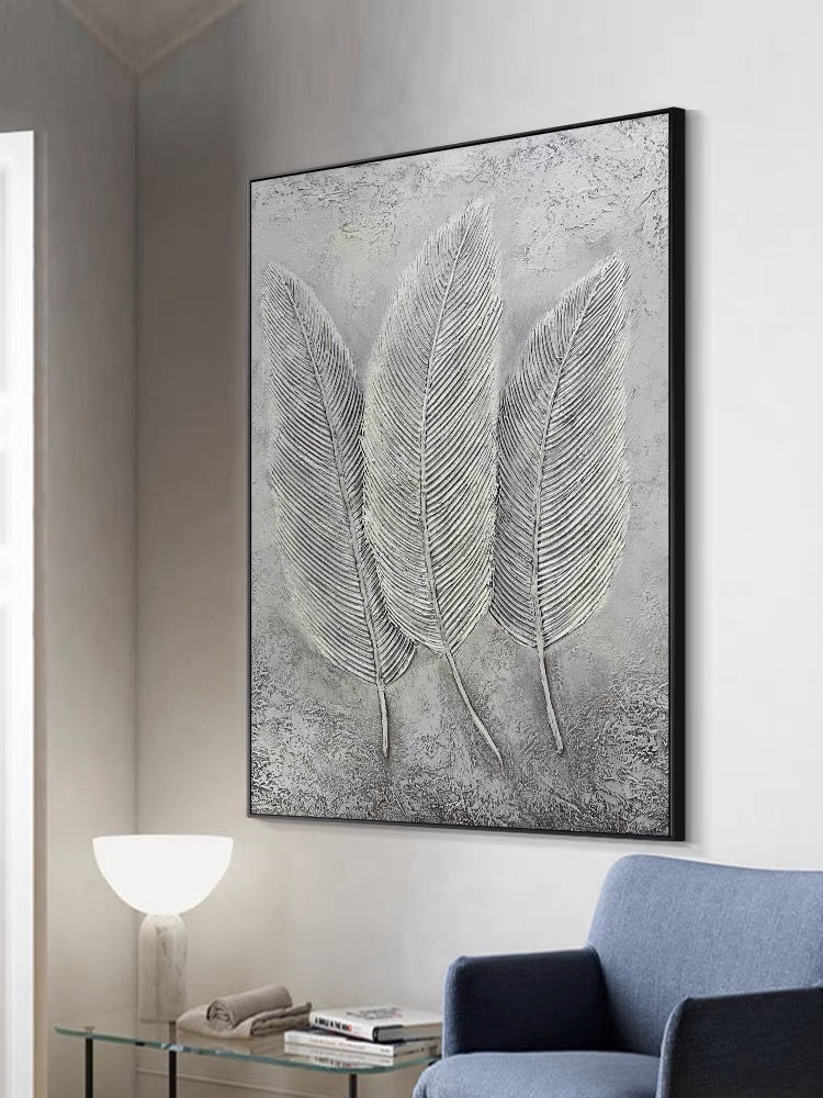 Elegant Gray Leaf Trio - Modern Oil Painting for Minimalist Home Decor