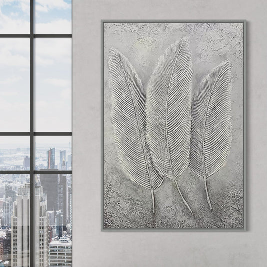 Elegant Gray Leaf Trio - Modern Oil Painting for Minimalist Home Decor