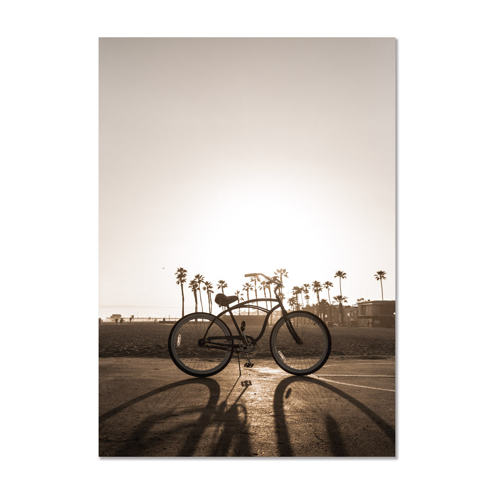 Serene Sunset: Classic Bicycle by the Beach with Palm Trees