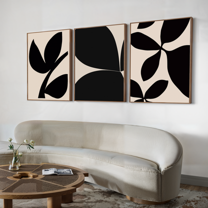 Abstract Black Botanical Triptych for Modern Home Décor