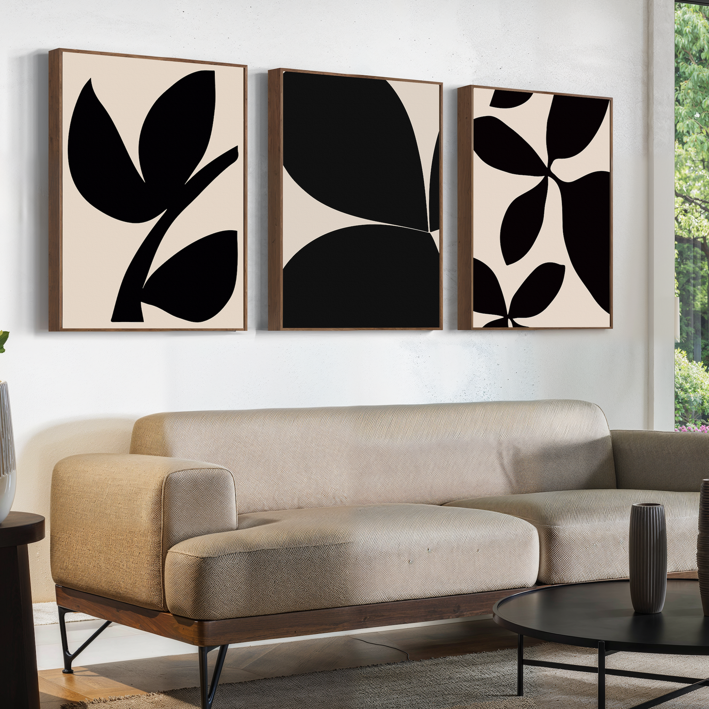 Abstract Black Botanical Triptych for Modern Home Décor