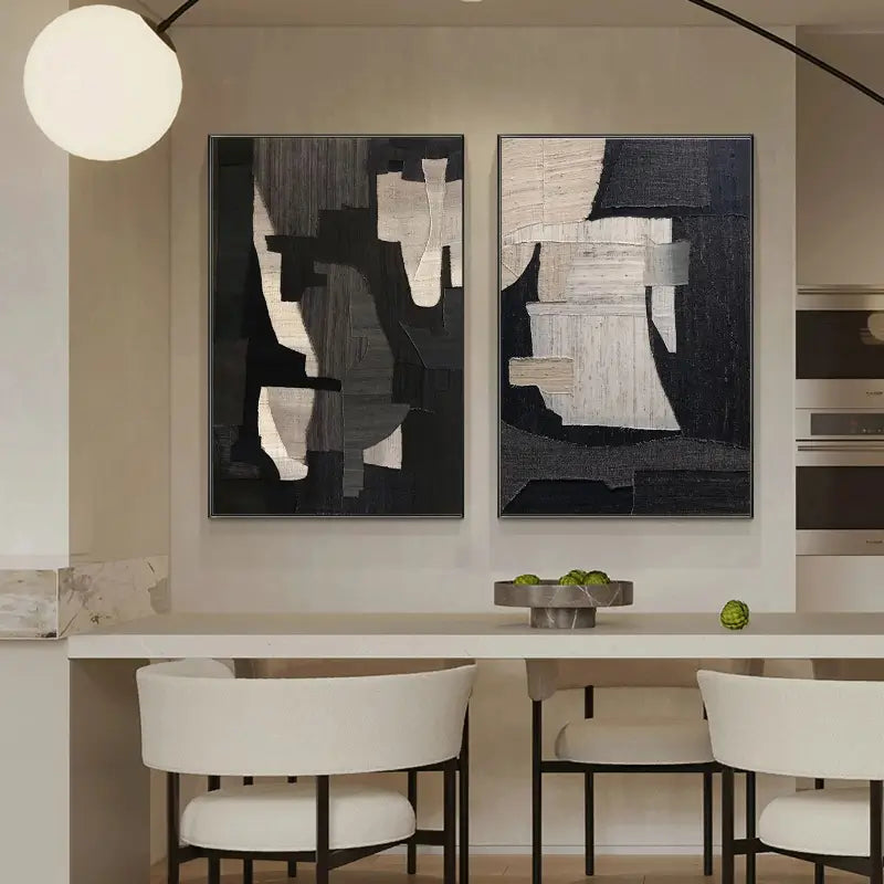 Monochrome Geometric Abstract Art Pair for Modern Home Decor