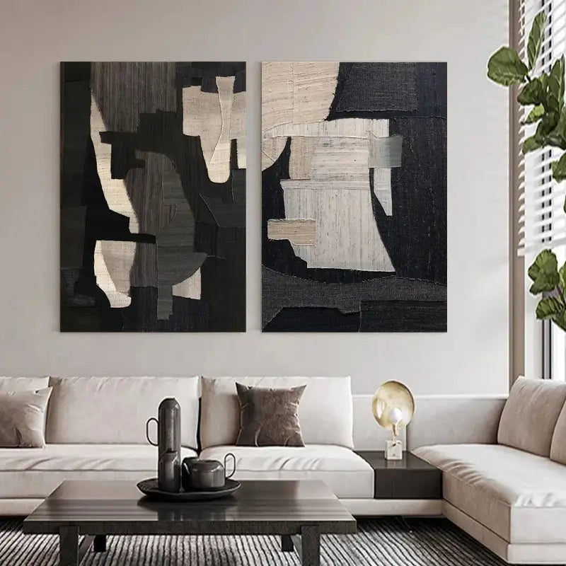 Monochrome Geometric Abstract Art Pair for Modern Home Decor