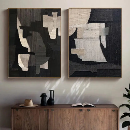 Monochrome Geometric Abstract Art Pair for Modern Home Decor