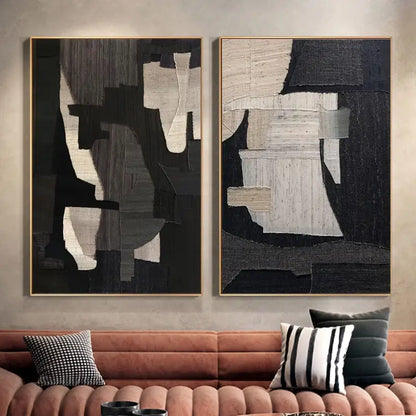 Monochrome Geometric Abstract Art Pair for Modern Home Decor