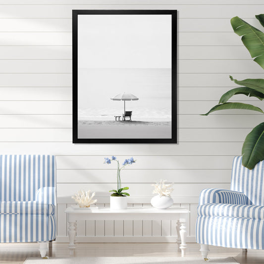 Serene Black and White Minimalism Beach Scene with Umbrella and Chair
