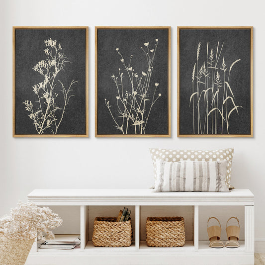 Minimalist Black and Gray Floral Canvas Art Set for Neutral Home Decor