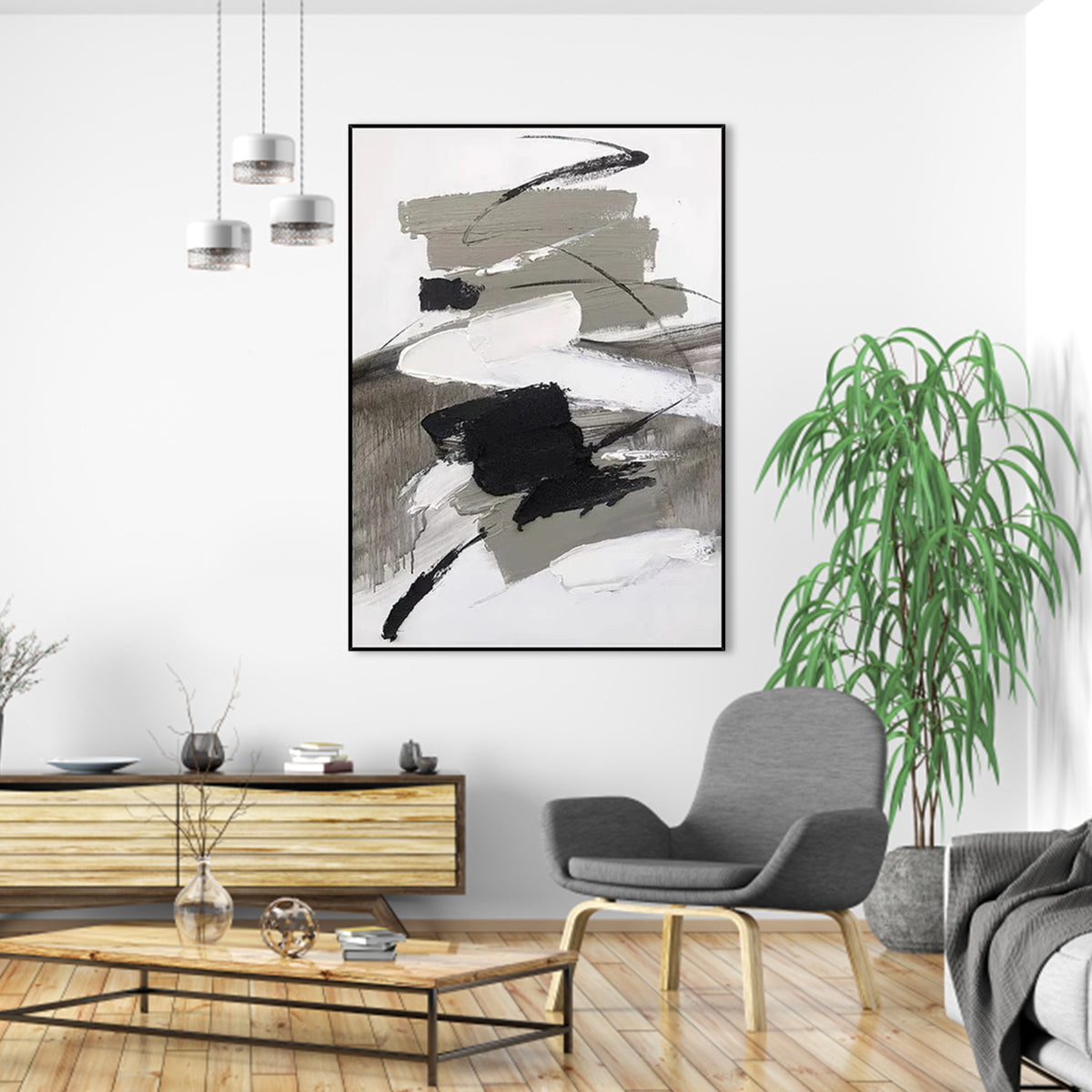 Abstract Black and Grey Ink Oil Painting for Modern Home Decor