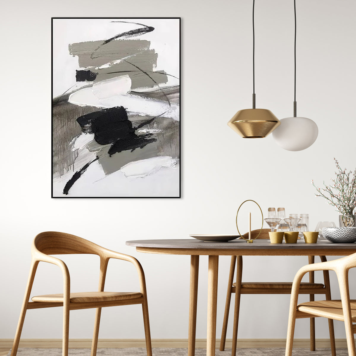 Abstract Black and Grey Ink Oil Painting for Modern Home Decor