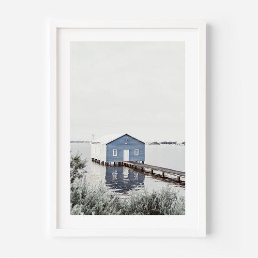 Tranquil Blue Boatshed by the Water - Serene Landscape Oil Painting for Home Decor