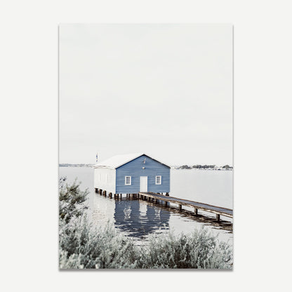 Tranquil Blue Boatshed by the Water - Serene Landscape Oil Painting for Home Decor