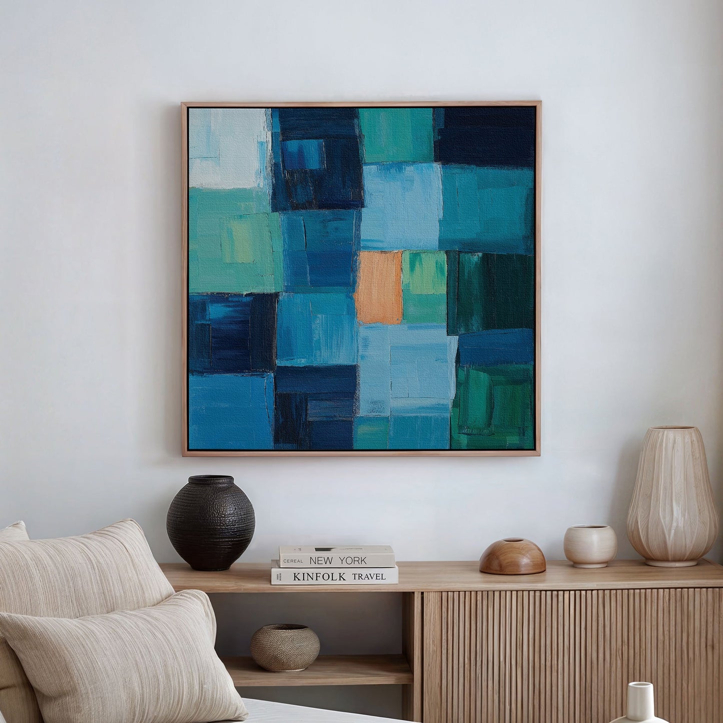 Vibrant Blue Mosaic Abstract Oil Painting for Modern Home Décor