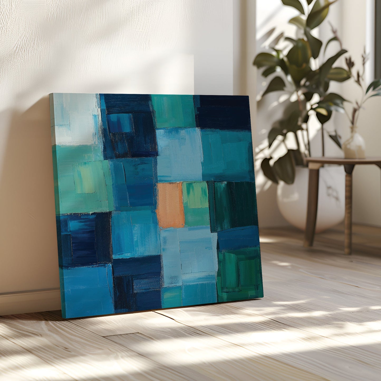 Vibrant Blue Mosaic Abstract Oil Painting for Modern Home Décor