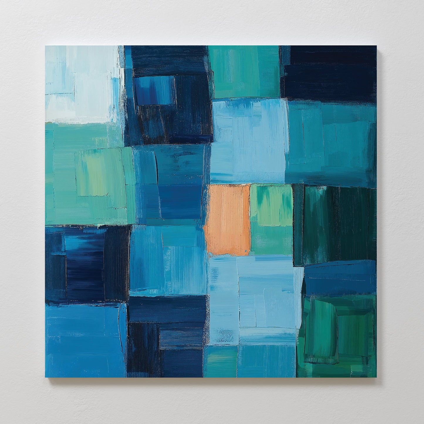 Vibrant Blue Mosaic Abstract Oil Painting for Modern Home Décor