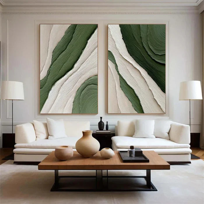 Serene Blue and Green Abstract Oil Painting Duo for Modern Home Decor