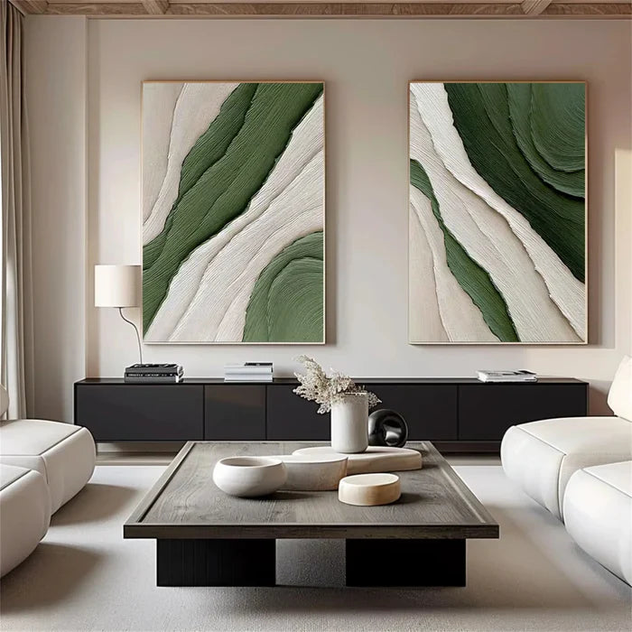 Serene Blue and Green Abstract Oil Painting Duo for Modern Home Decor