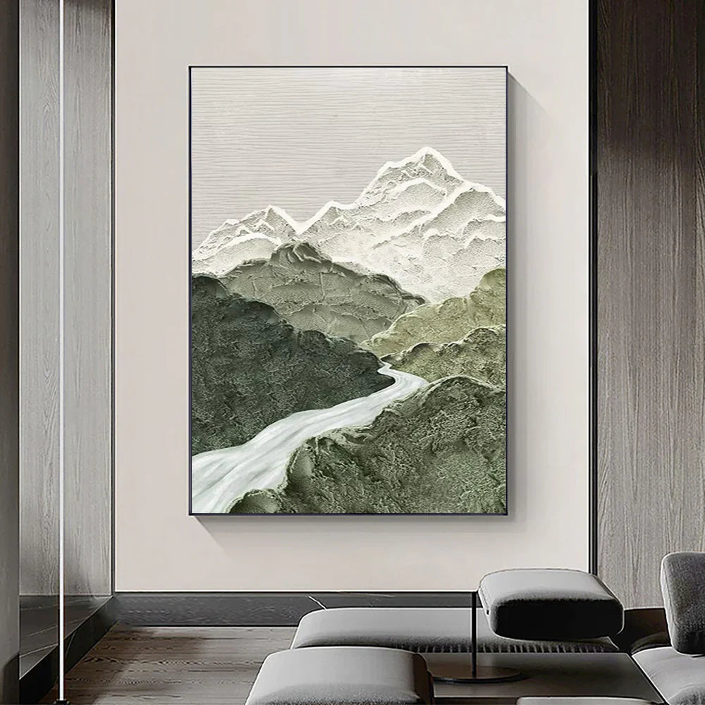 Serene Mountain Landscape Oil Painting with Misty River and Gentle Peaks