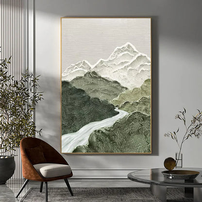 Serene Mountain Landscape Oil Painting with Misty River and Gentle Peaks