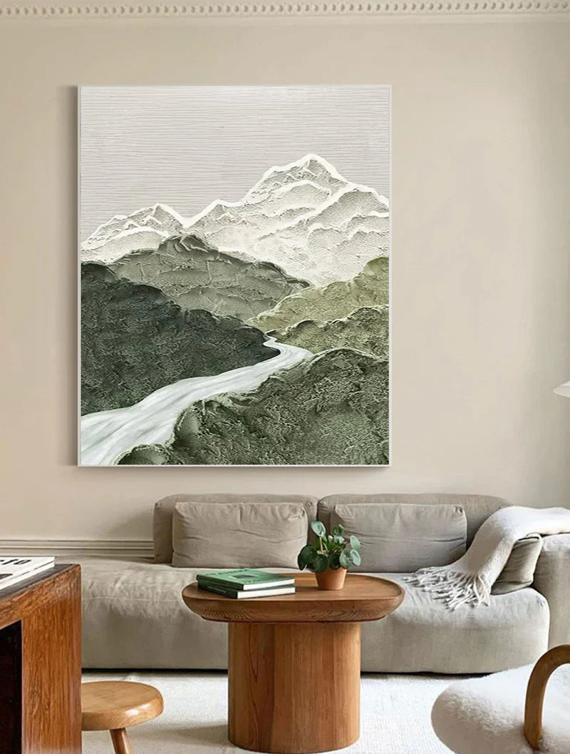 Serene Mountain Landscape Oil Painting with Misty River and Gentle Peaks